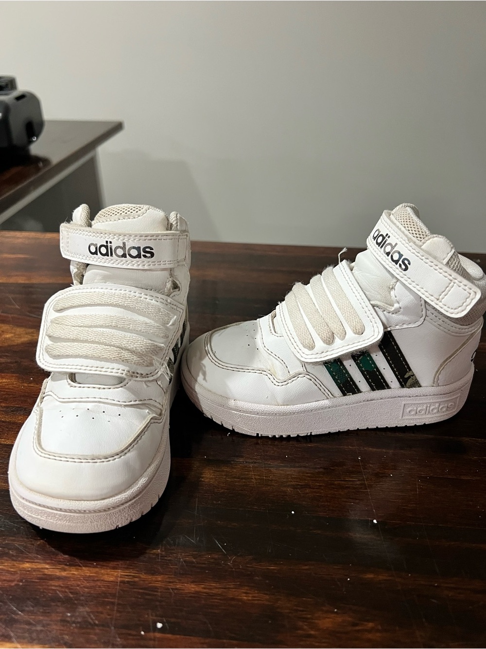 adidas Kids White High-Top Sneakers with Black & Green camo Stripes